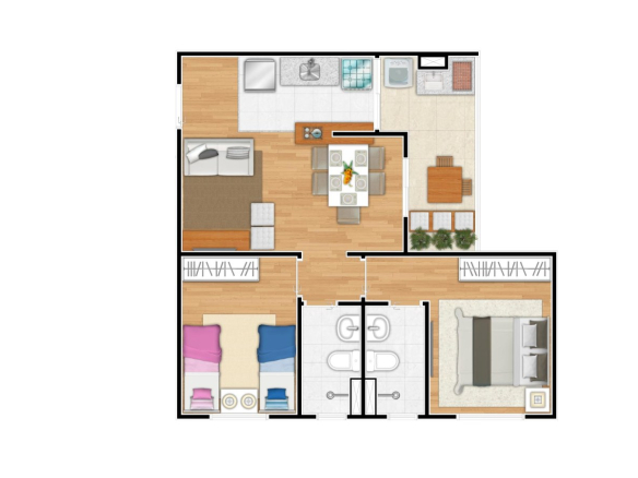 Planta de meio de 55 m² com 2 dormitórios e 1 suíte do Firenze Residencial