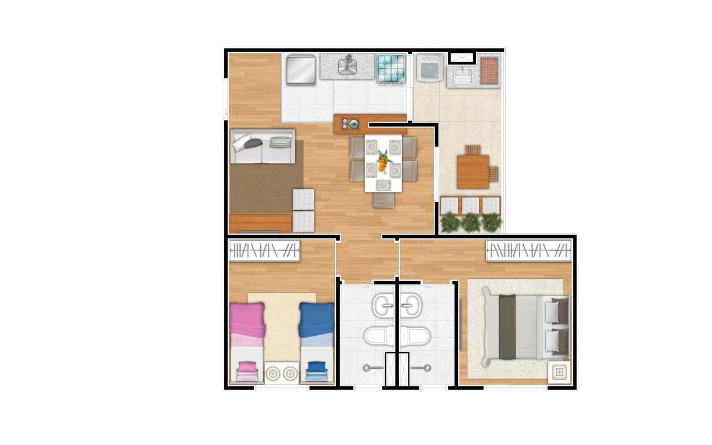 Planta de meio de 55 m² com 2 dormitórios e 1 suíte do Firenze Residencial