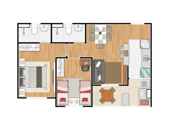 Planta de ponta de 55 m² com 2 dormitórios e 1 suíte do Firenze Residencial