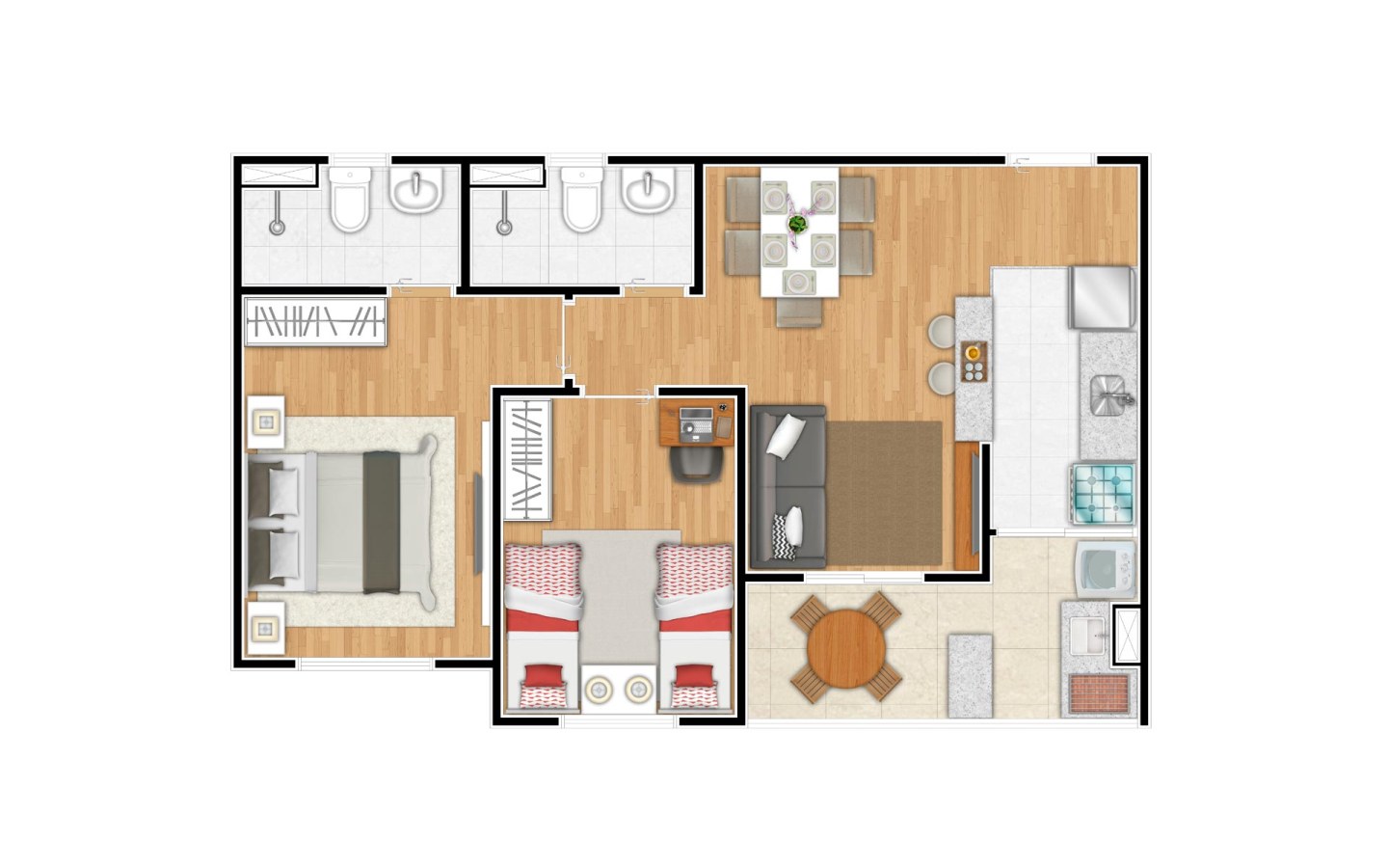 Planta de ponta de 55 m² com 2 dormitórios e 1 suíte do Firenze Residencial