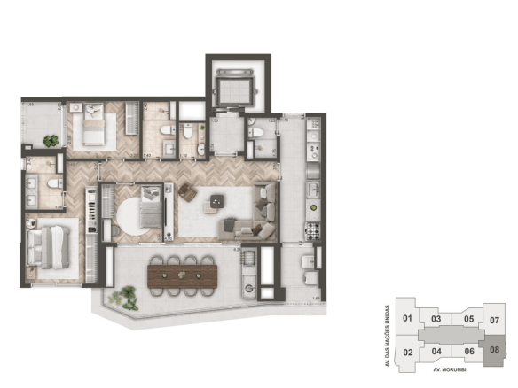 Planta padrão de 114 m² do Mandarim The Legend