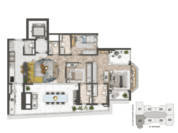 Mandarim The Legend — Planta individual de 144 m², opção decorada de três suítes com Bay Window, 3 dormitórios, 3 suítes