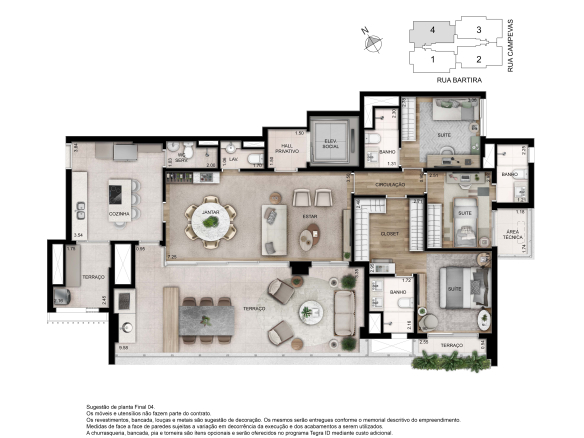 Planta de 156 m² com 3 suítes, closet e cozinha ampliados no Ode Perdizes