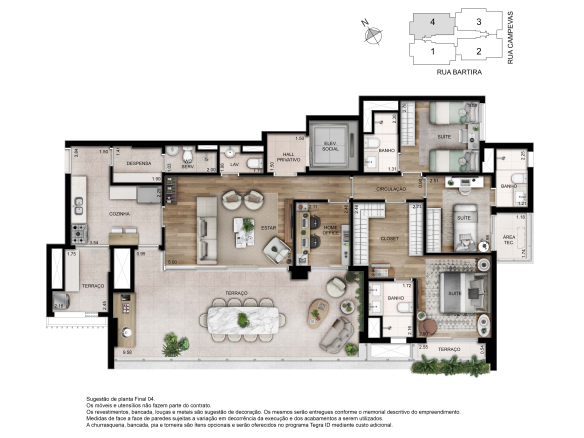 Planta de 156 m² com 3 suítes, closet ampliado e home office no Ode Perdizes