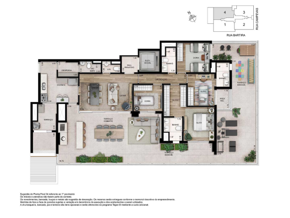 Planta garden de 179,50 m² a 221,50 m² com 4 dormitórios e 2 vagas no Ode Perdizes
