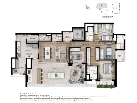 Planta padrão de 156 m² com 4 dormitórios, 2 suítes e 2 vagas no Ode Perdizes