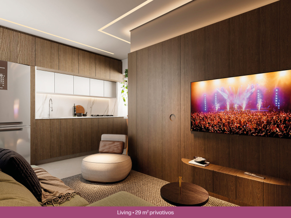 Living decorado de 29 m² do Solar das Rosas Residencial Clube