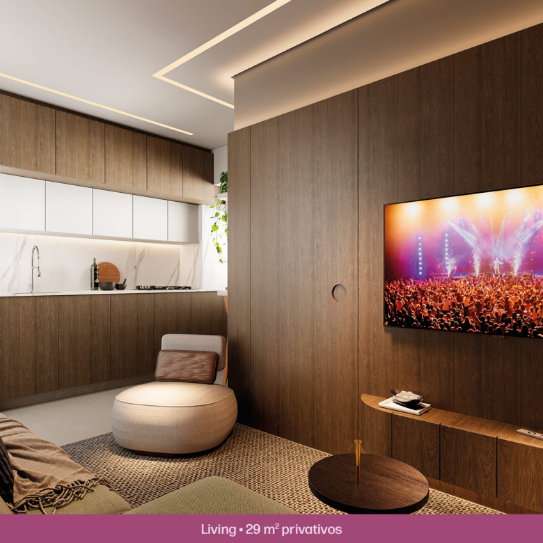 Living decorado de 29 m² do Solar das Rosas Residencial Clube