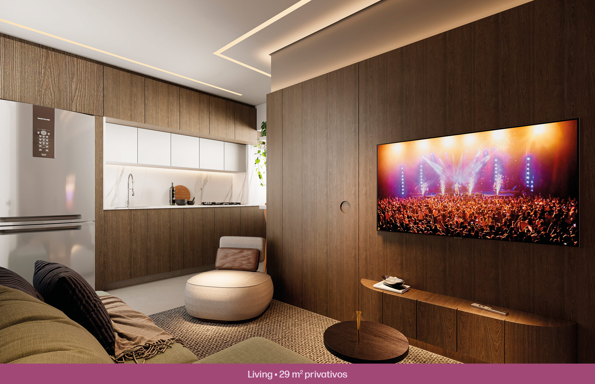Living decorado de 29 m² do Solar das Rosas Residencial Clube