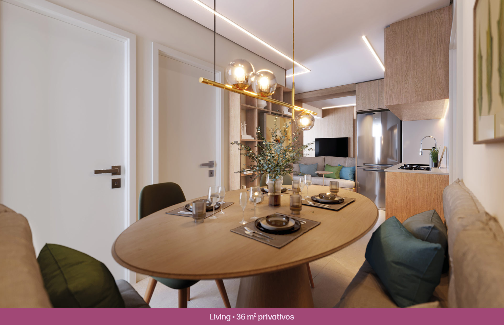 Living decorado de 36 m² do Solar das Rosas Residencial Clube