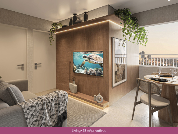 Living decorado de 37 m² do Solar das Rosas Residencial Clube