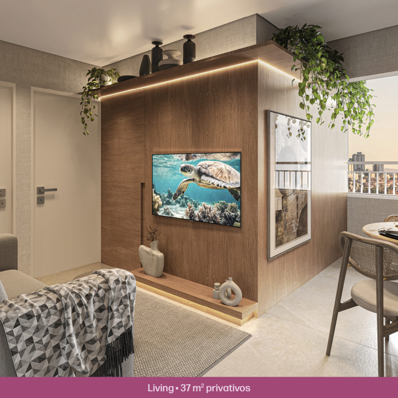 Living decorado de 37 m² do Solar das Rosas Residencial Clube
