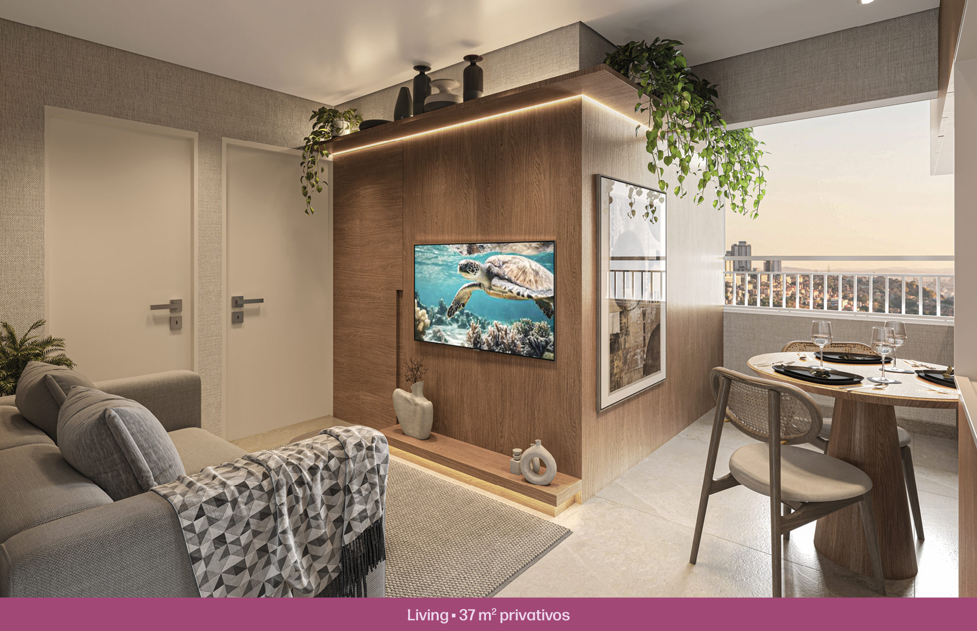 Living decorado de 37 m² do Solar das Rosas Residencial Clube