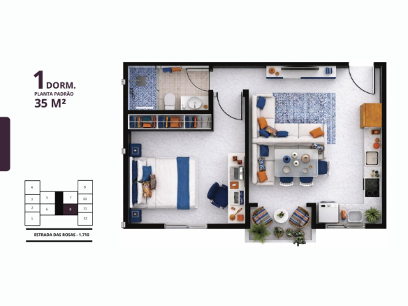Planta do apartamento de 35 metros quadrados com um dormitório no Residencial das Flores
