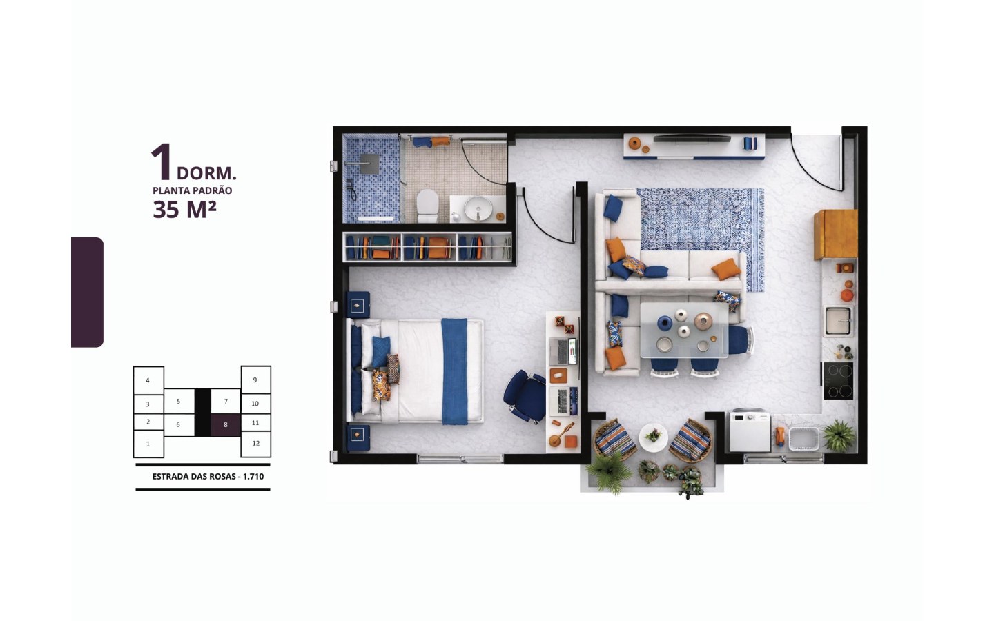 Planta de 35 metros quadrados com um dormitório no Residencial das Flores