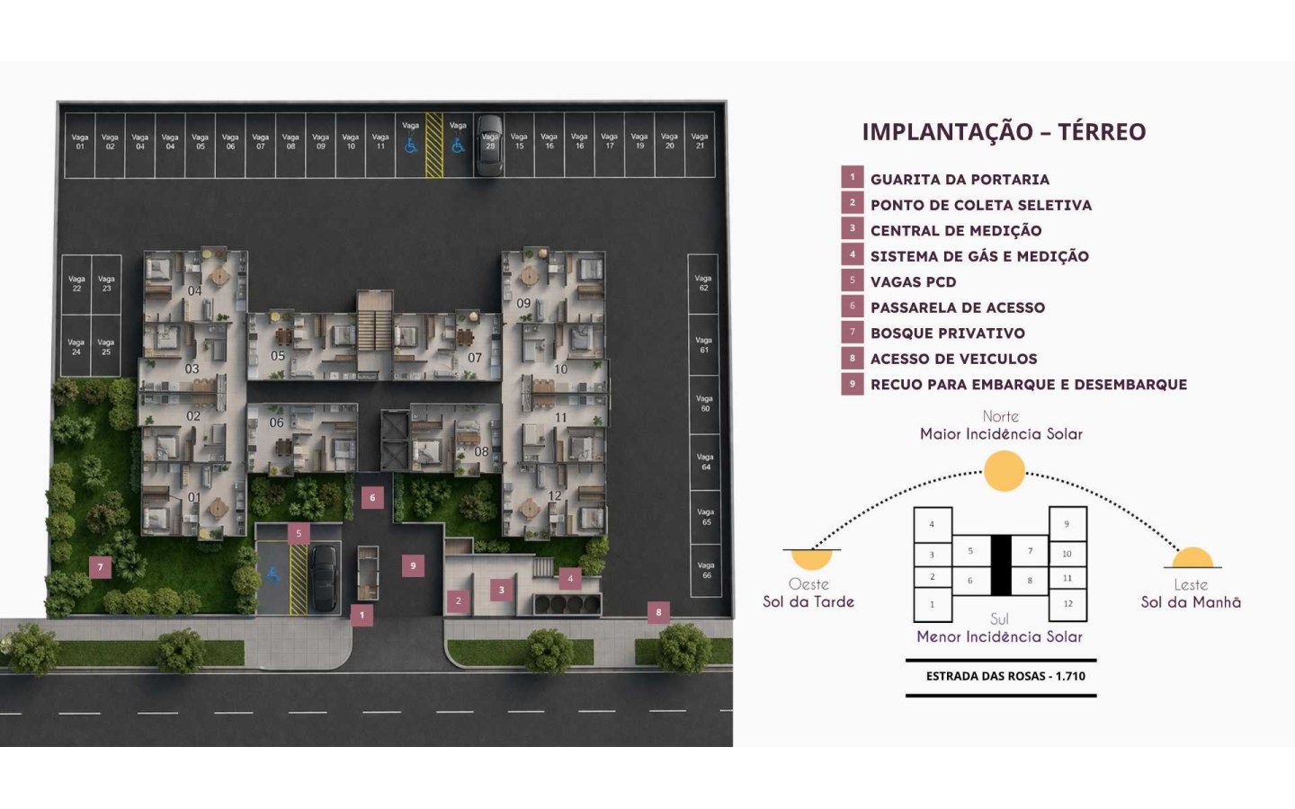 Implantação do térreo com acessos e vagas do Residencial das Flores