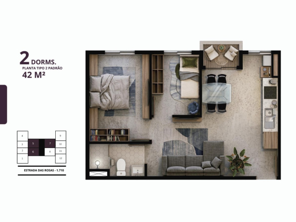 Planta Tipo 2 do apartamento de 42 metros quadrados com dois dormitórios no Residencial das Flores