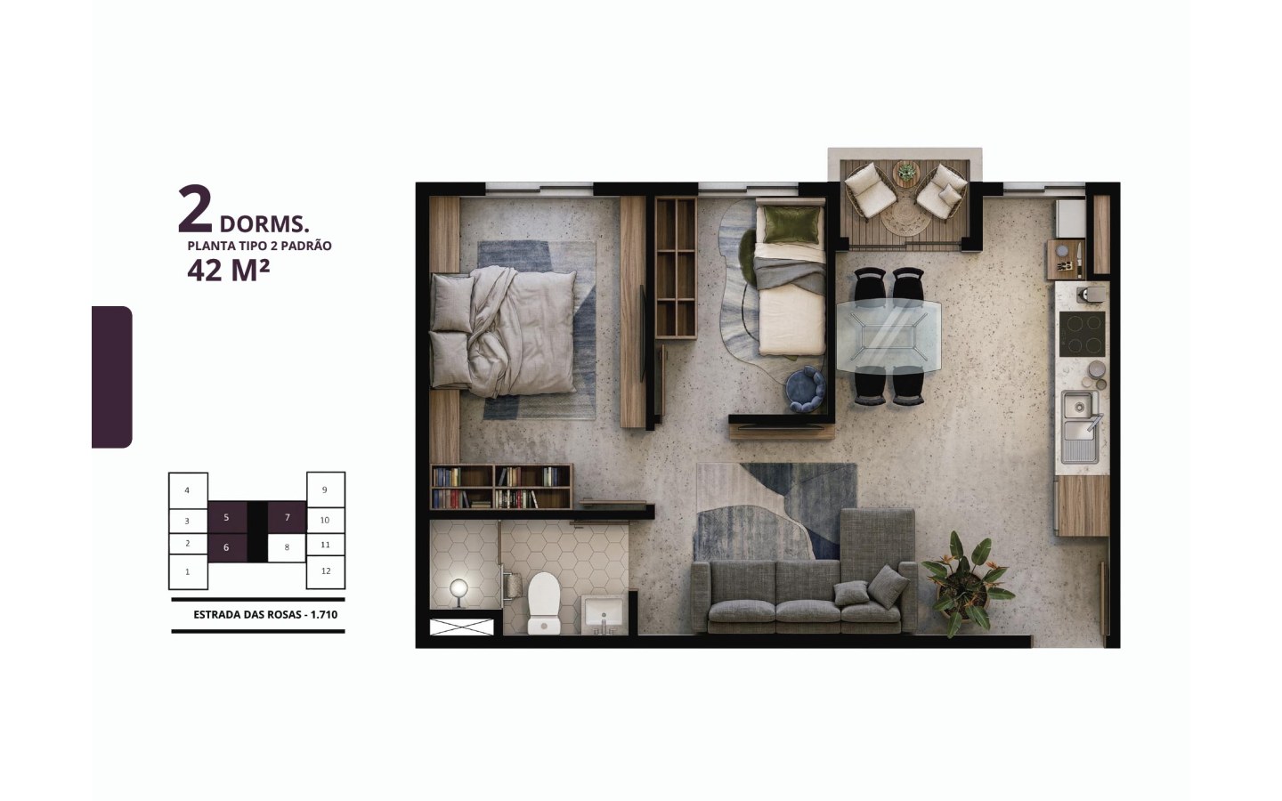 Planta Tipo 2 do apartamento de 42 metros quadrados com dois dormitórios no Residencial das Flores