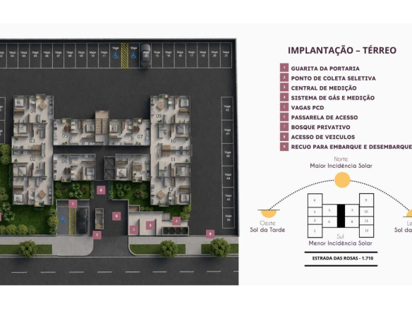 Implantação do térreo com acessos e vagas do Residencial das Flores