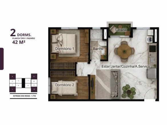 Planta Tipo 1 do apartamento de 42 metros quadrados com dois dormitórios no Residencial das Flores