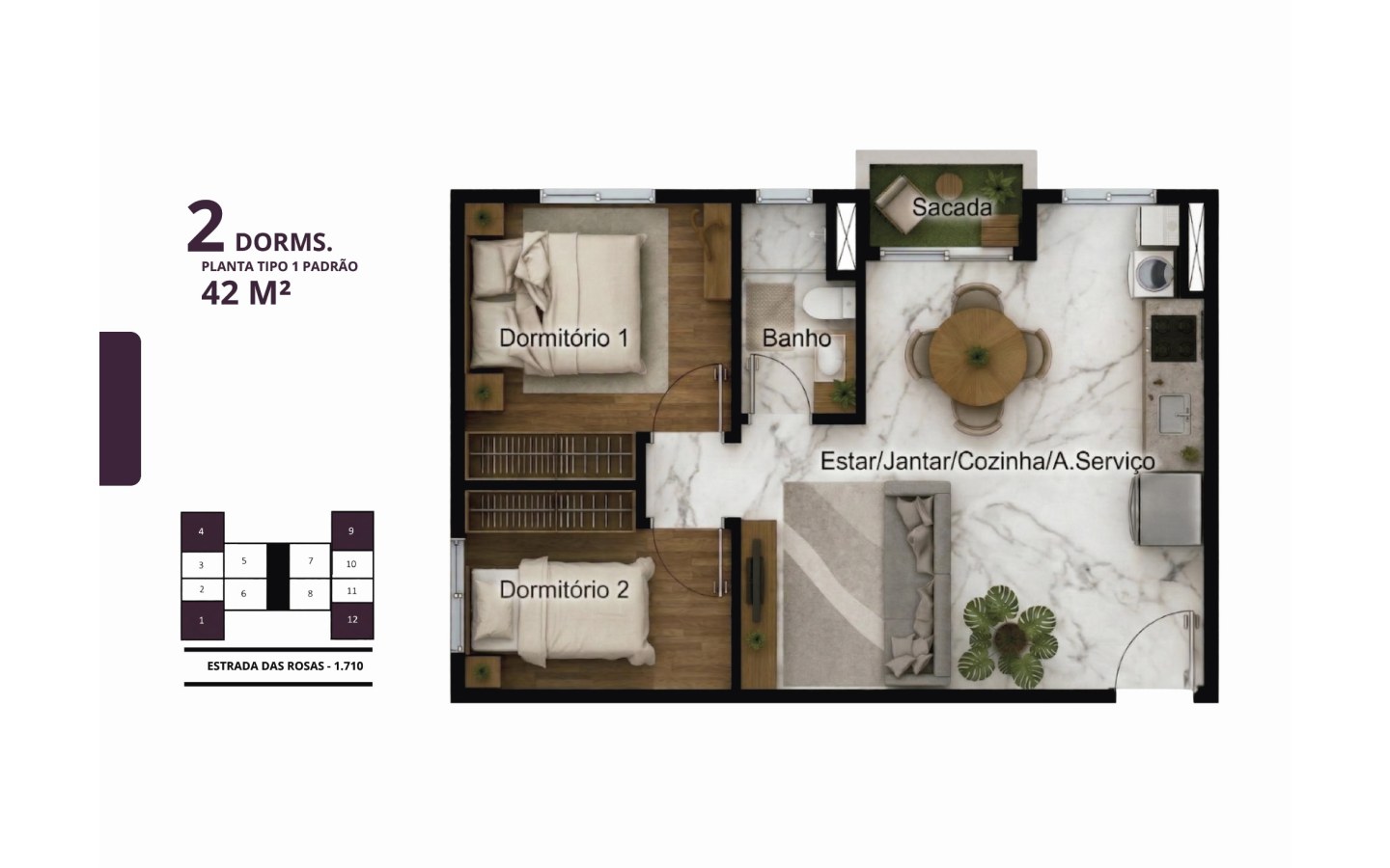 Planta Tipo 1 de 42 metros quadrados com dois dormitórios no Residencial das Flores