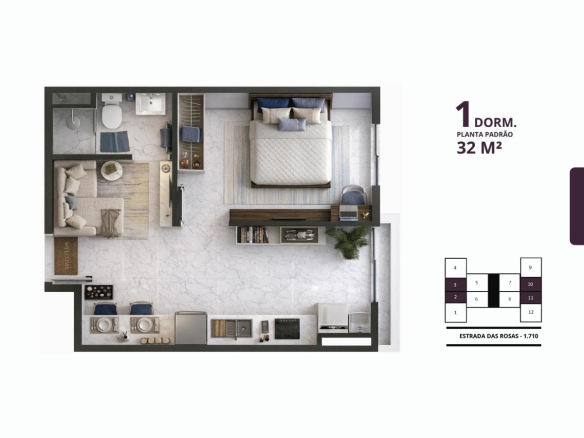 Planta do apartamento de 32 metros quadrados com um dormitório no Residencial das Flores
