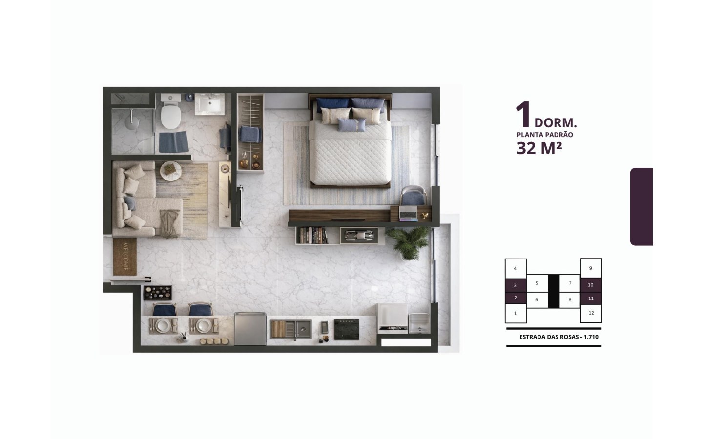 Planta de 32 metros quadrados com um dormitório no Residencial das Flores