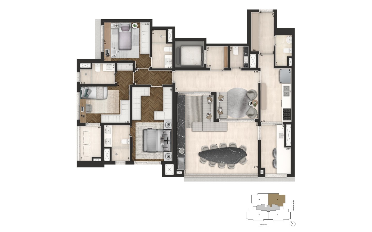 planta padrão de 145 m² do Senses by Cyrela no Brooklin