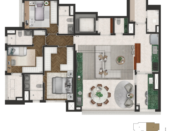 Senses by Cyrela – Planta opção de 145 m², cozinha aberta, desenho integral