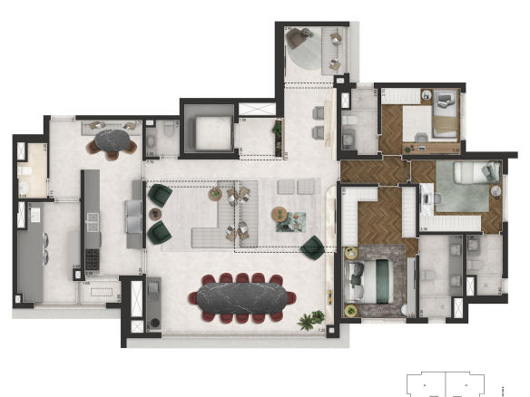 Senses by Cyrela – Planta opção de 178 m², cozinha ampliada, desenho integral