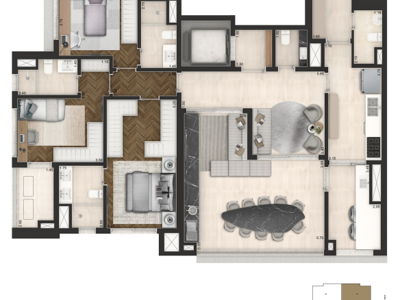 Senses by Cyrela – Planta padrão de 145 m², três suítes, desenho integral