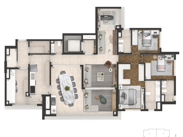 Senses by Cyrela – Planta padrão de 178 m², três suítes, desenho integral