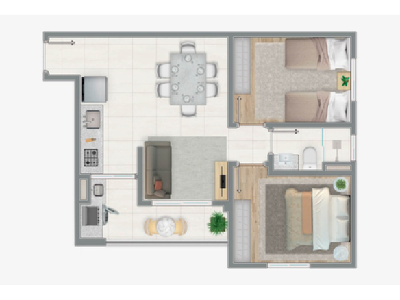 Planta de 49,86 m² do Siena Residencial