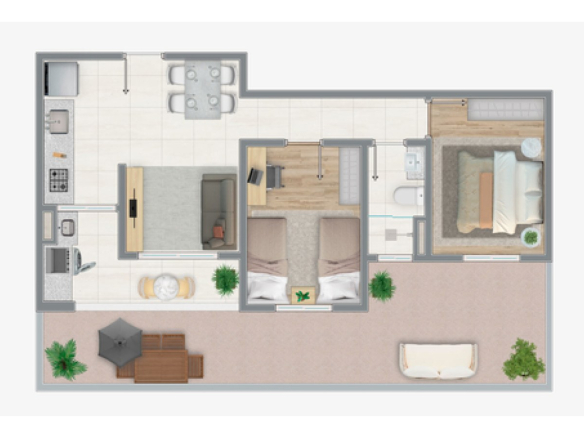 Planta garden de 70,85 m² do Siena Residencial