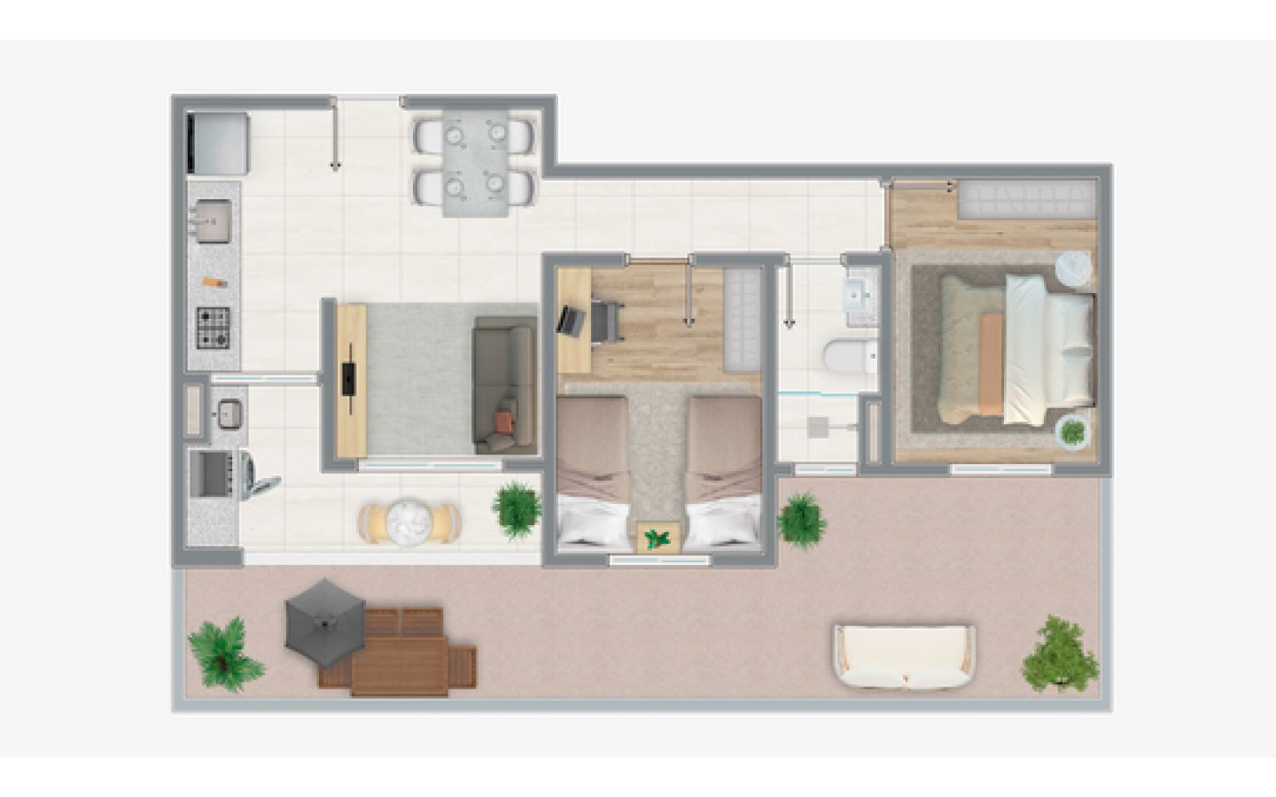 Planta garden de 70,85 m² do Siena Residencial