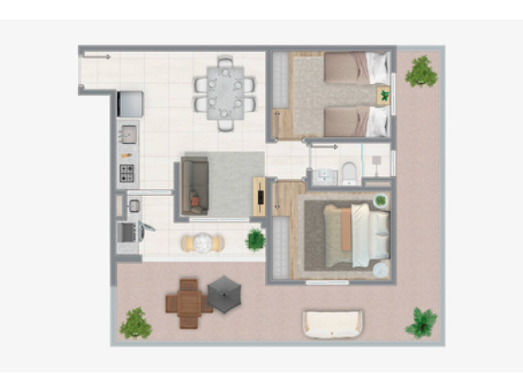 Planta garden de 71,13 m² do Siena Residencial