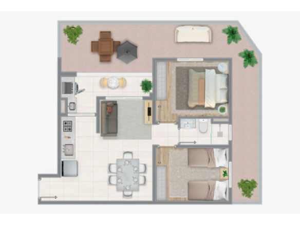 Planta garden de 76,11 m² do Siena Residencial
