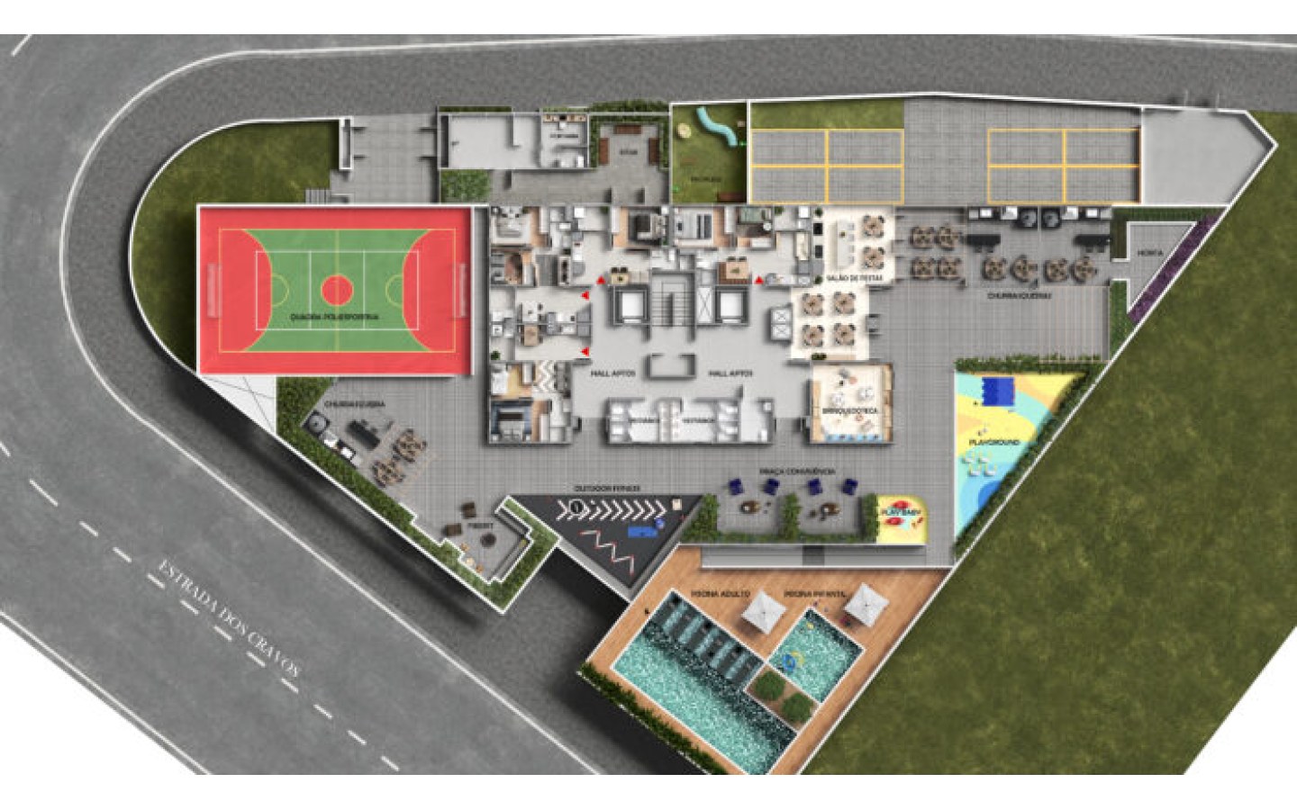 Implantação do térreo do Solar das Rosas Residencial Clube