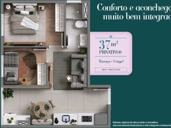 Planta completa de 37,49 m² com 2 dormitórios e 1 vaga do Solar das Rosas