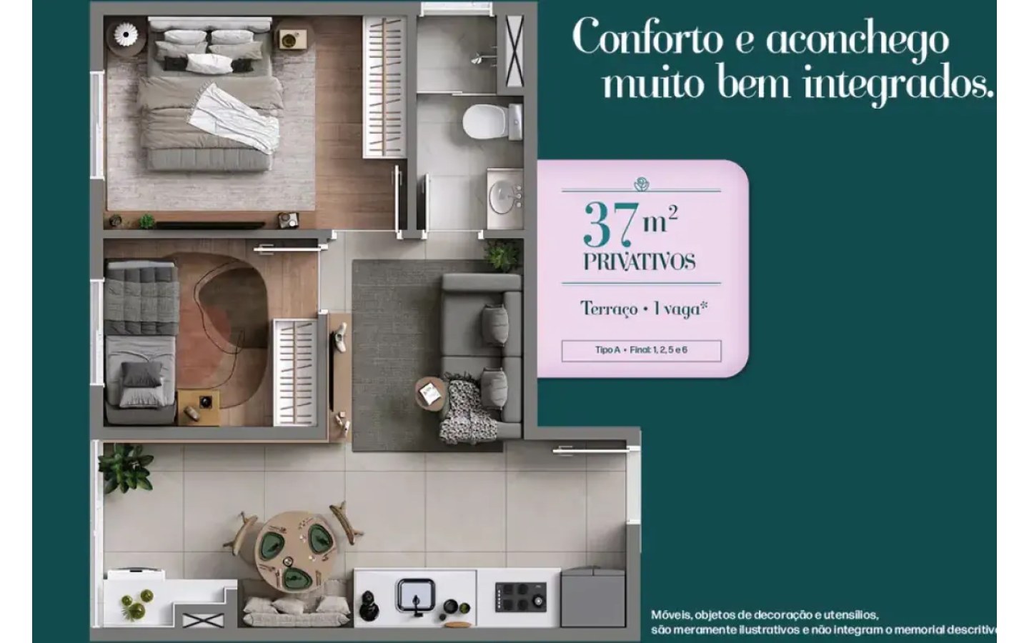 Planta completa de 37,49 m² com 2 dormitórios e 1 vaga do Solar das Rosas