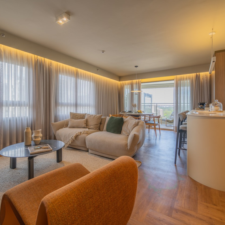 Foto oficial do living decorado de 105 m² do Aero Design by Pininfarina
