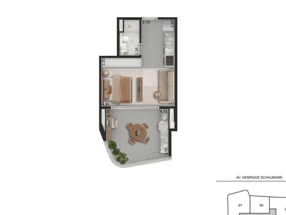 Planta oficial do studio de 45 m² do Aero Design by Pininfarina