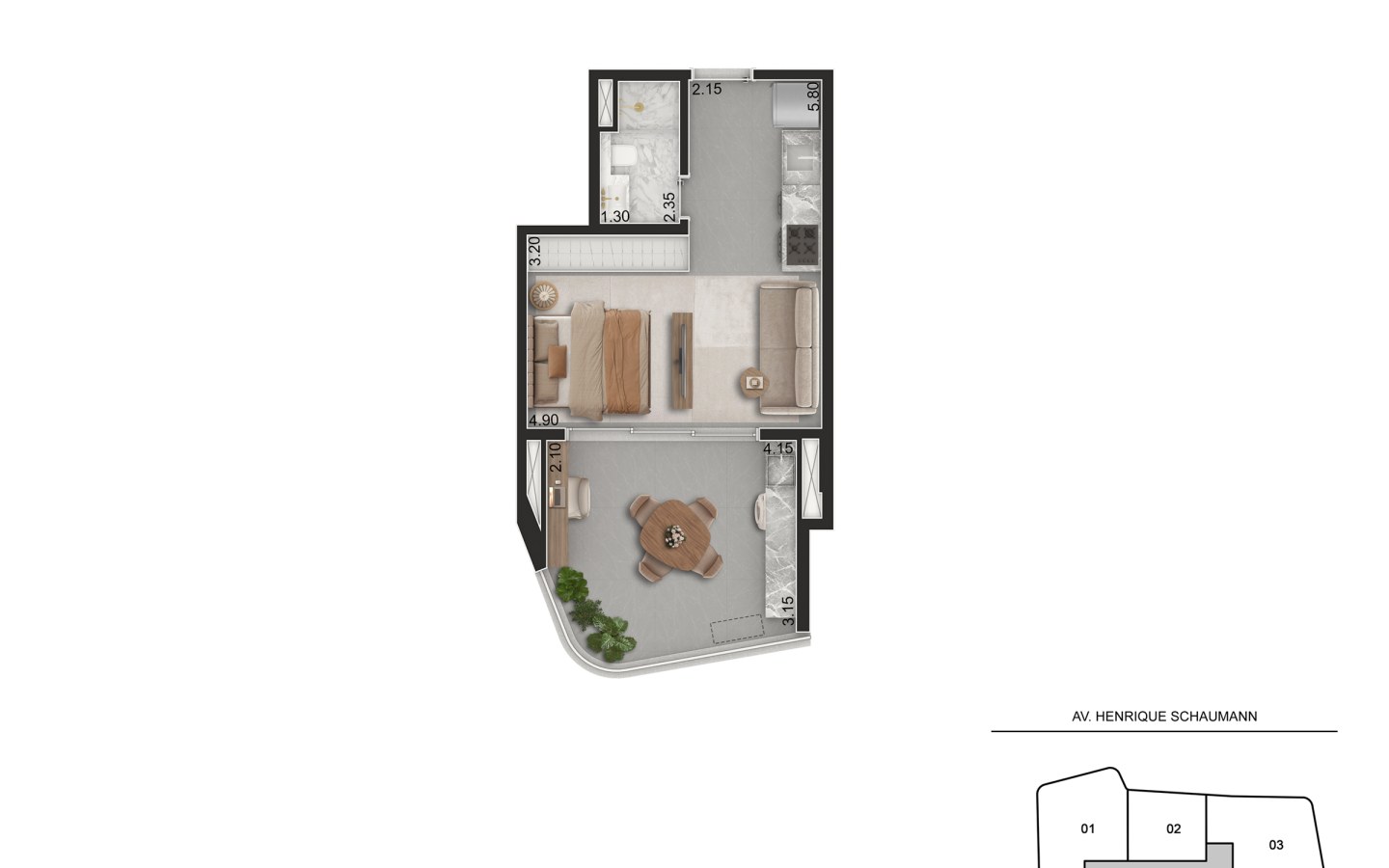 Planta oficial do studio de 45 m² do Aero Design by Pininfarina