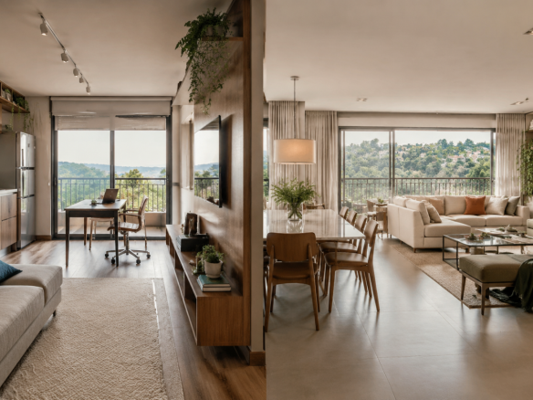 Comparação editorial entre sala compacta integrada e apartamento familiar amplo em Alphaville