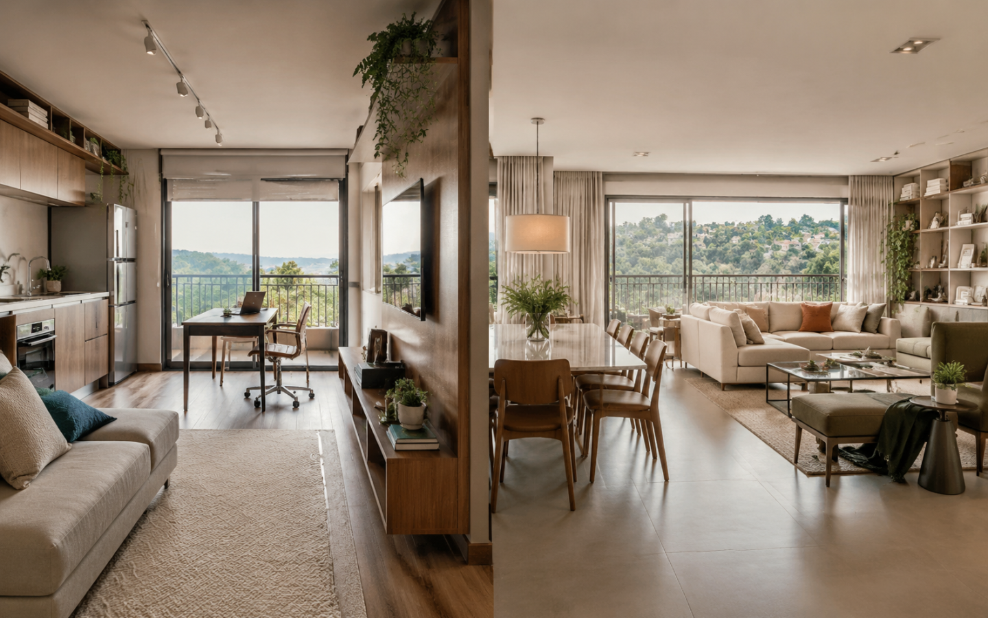 Comparação editorial entre sala compacta integrada e apartamento familiar amplo em Alphaville