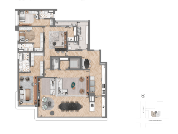 Aura Moema by Cyrela: planta opção 1 de 251 m², três suítes e family room