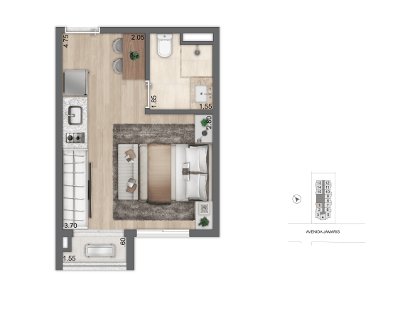 Aura Moema by Cyrela Studios: planta padrão de 21 m², final 1