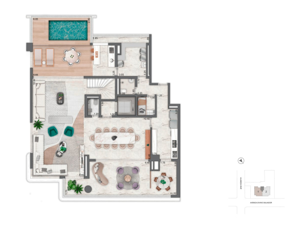Planta do pavimento inferior do duplex de 452 m²