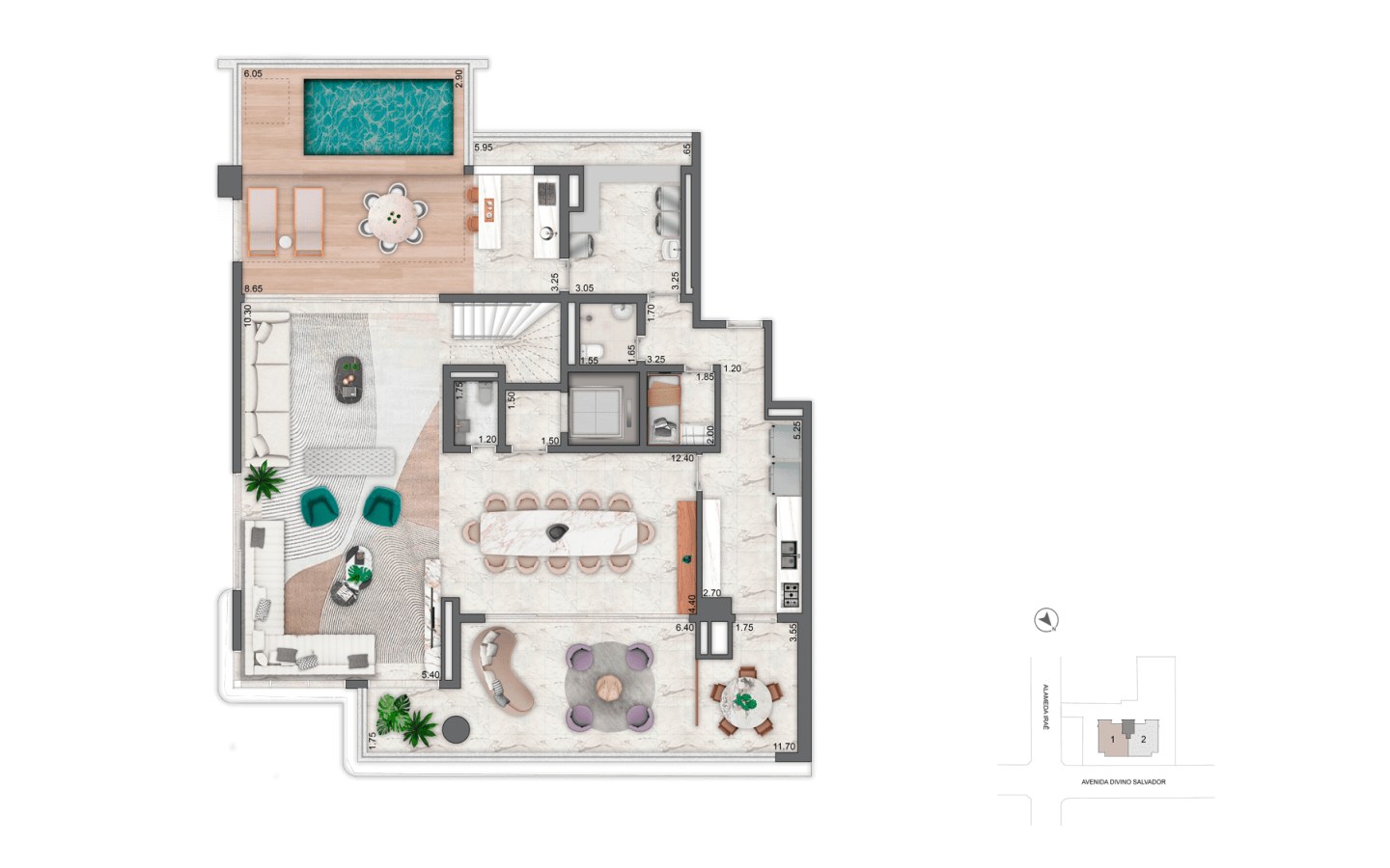 Planta do pavimento inferior do duplex de 452 m²