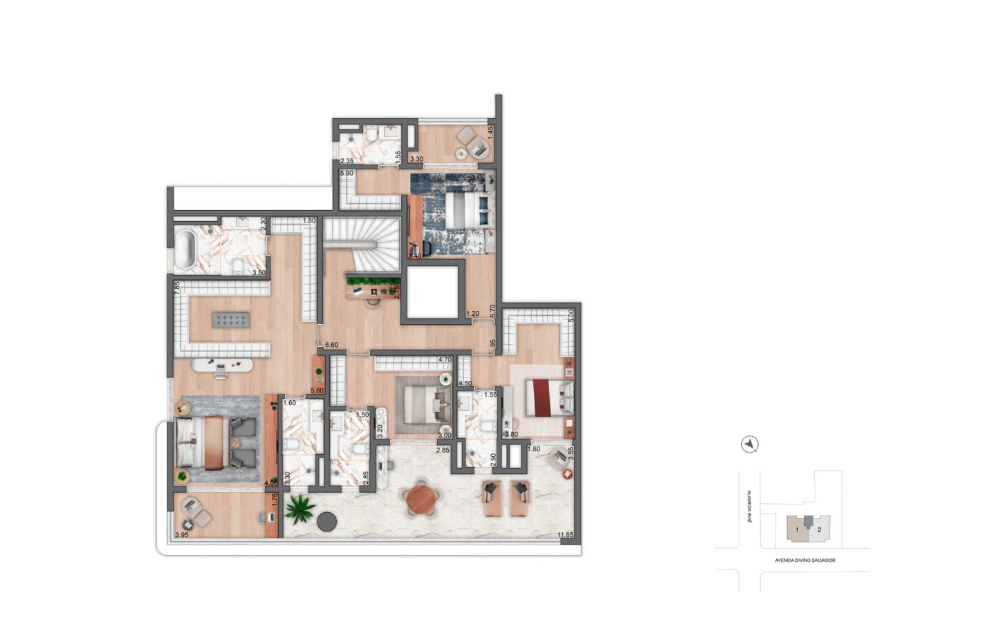 Planta do pavimento superior do duplex de 452 m²